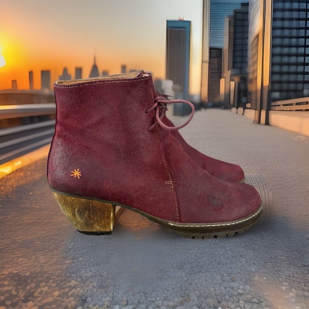 ✅The Art Company Leather Ankle Boot Womens 40 Burgundy Lace Up Block Heel Bootie